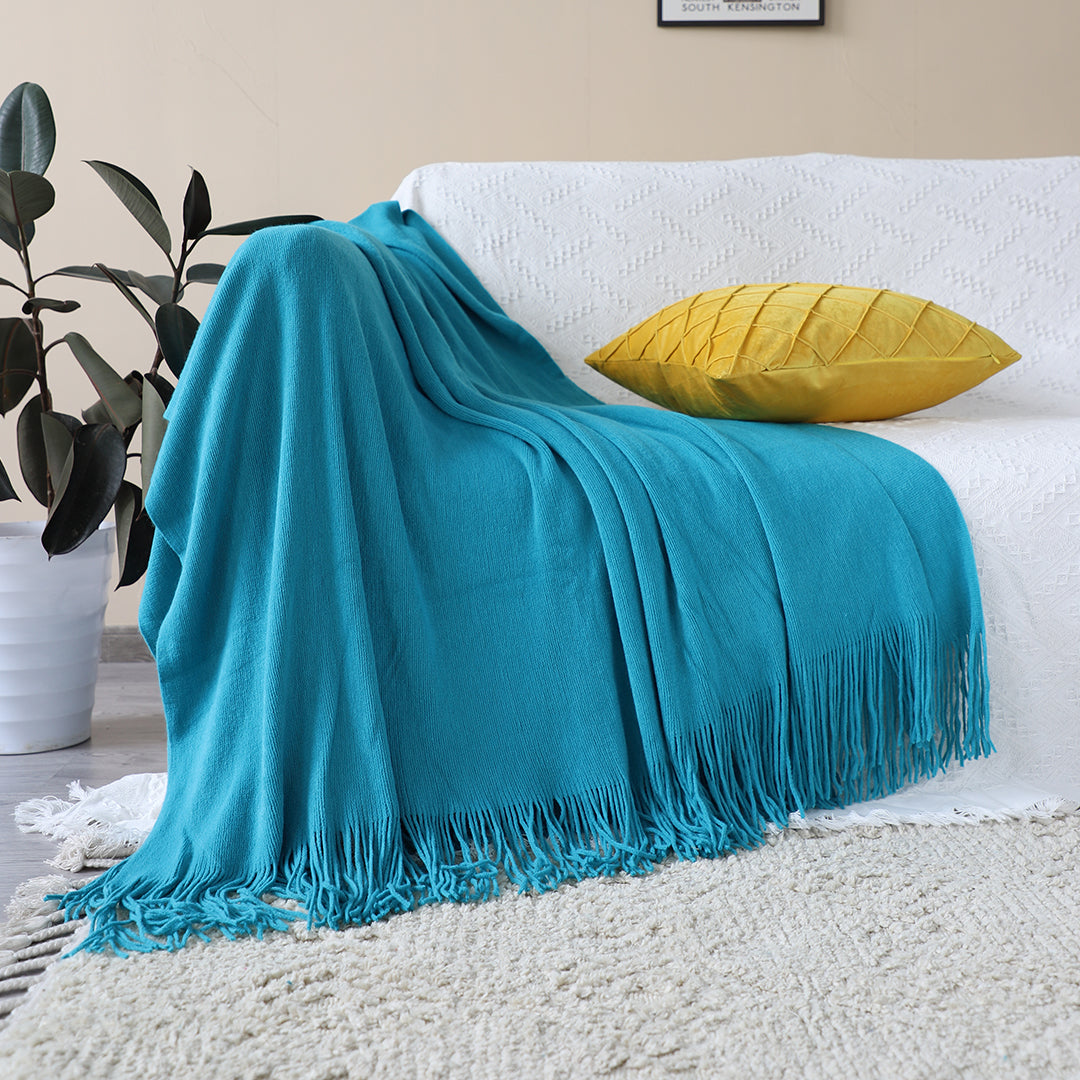 Blue Acrylic Knitted Throw Blanket
