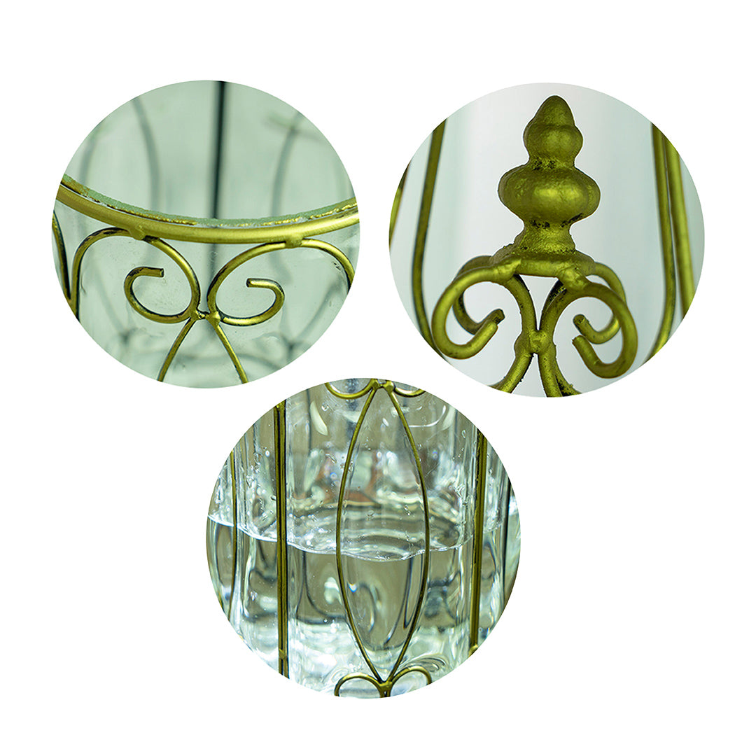 European Clear Glass Flower Vase with Gold Metal Pattern