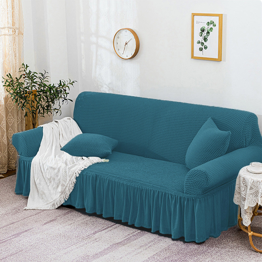 Blue Colored 4- Seater Sofa Cover with Ruffled Skirt