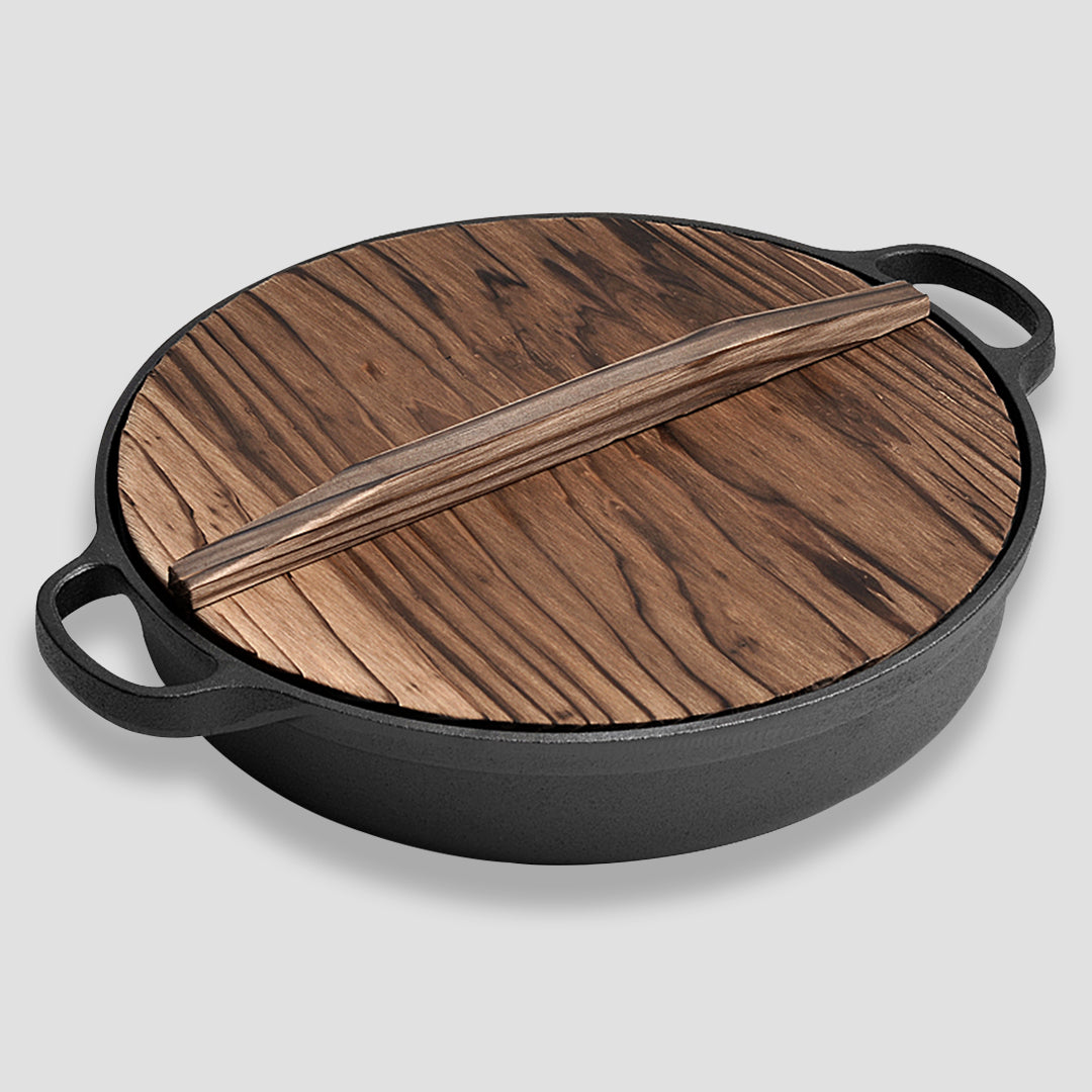 35cm Round Cast Iron Frying Pan with Wooden Lid