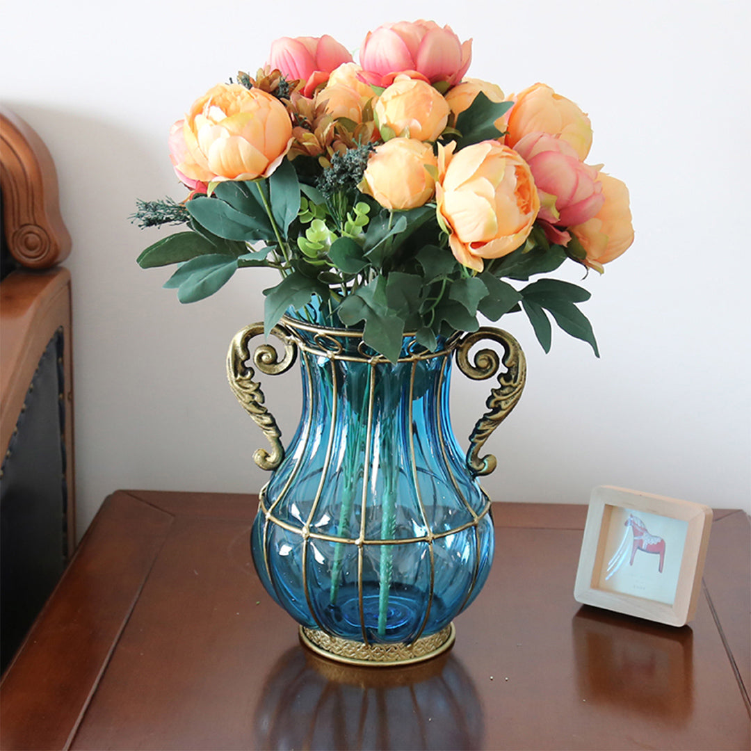 Blue European Glass Flower Vase with Two Metal Handle