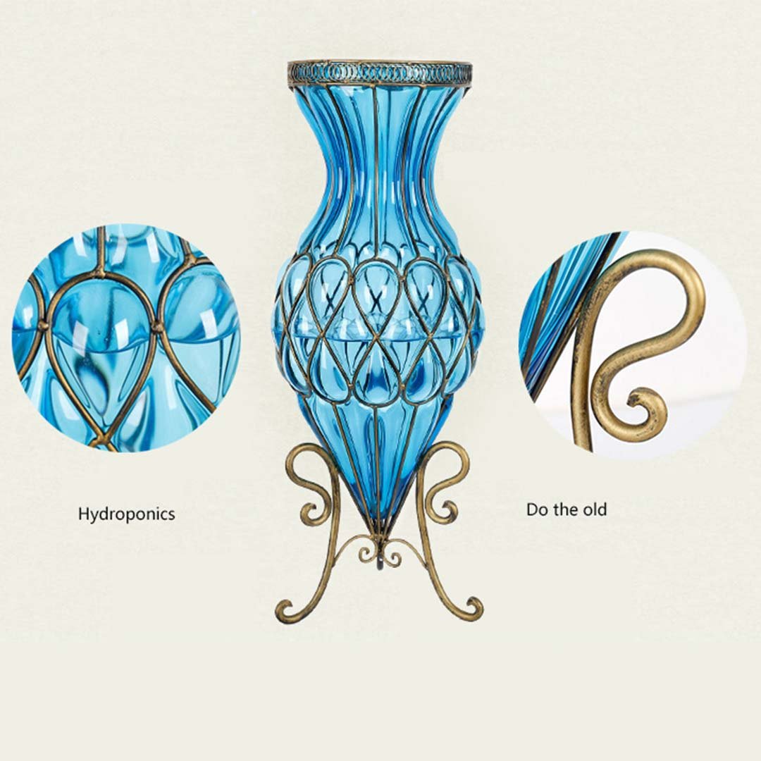 67cm Blue Glass Floor Vase with Metal Stand