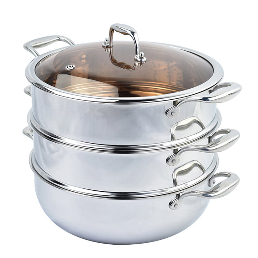 3 Tier 30cm Stainless Steel Food Steamer with Glass Lid