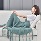 Green Tassel Fringe Knitted Throw Blanket