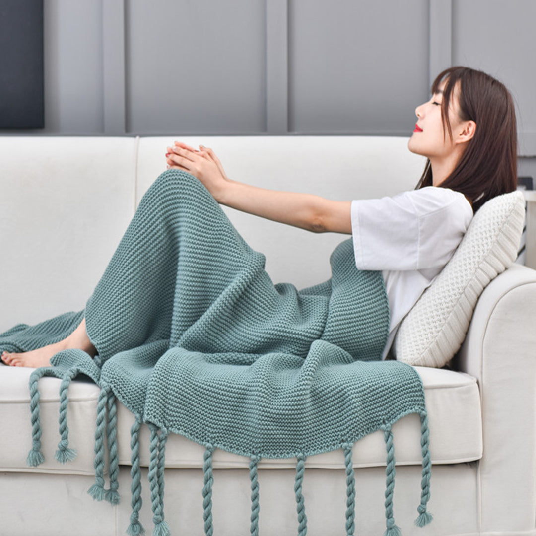 Green Tassel Fringe Knitted Throw Blanket