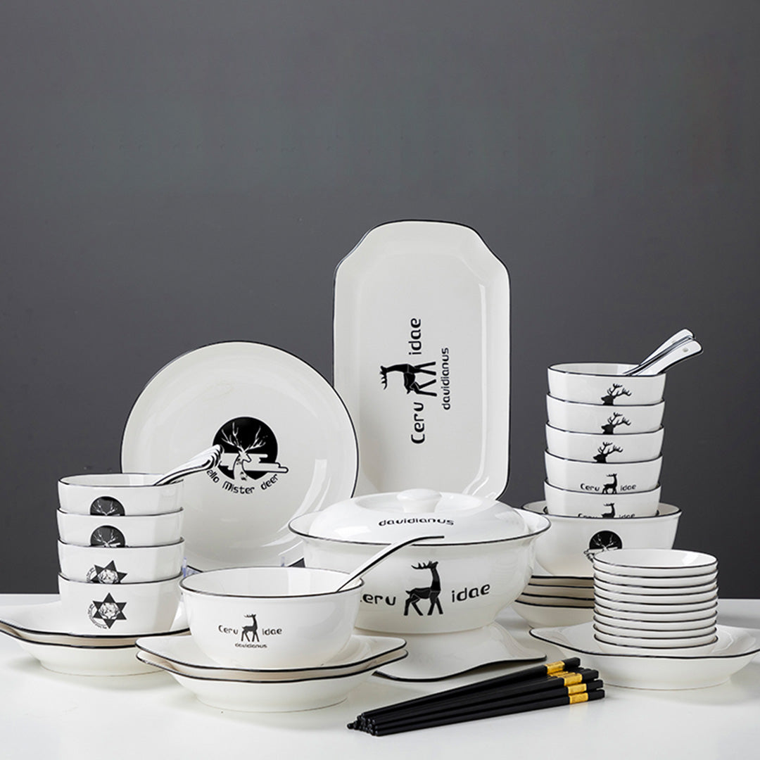 White Antler Printed Ceramic Dinnerware Set of 34