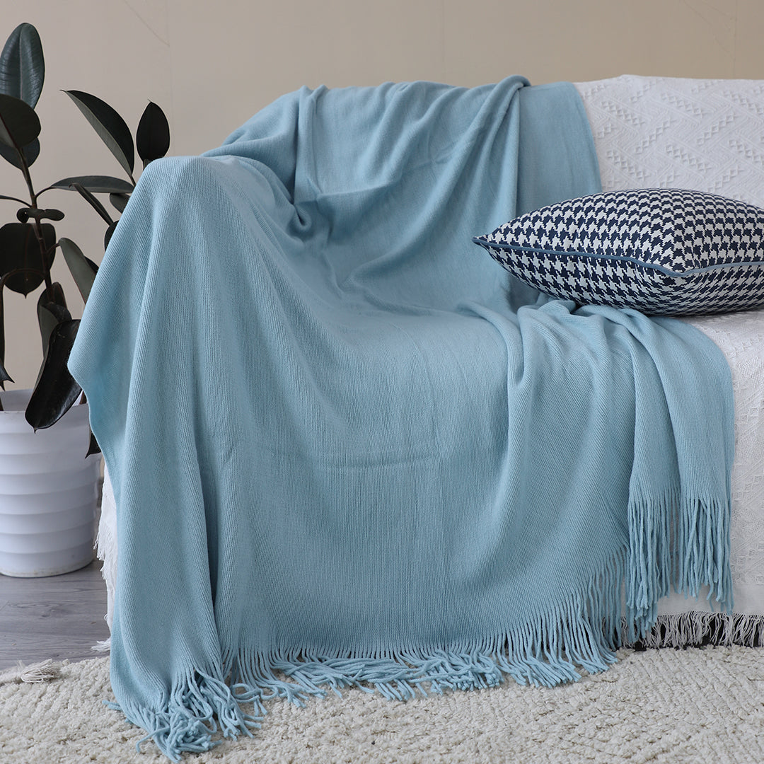 Sky Blue Acrylic Knitted Throw Blanket