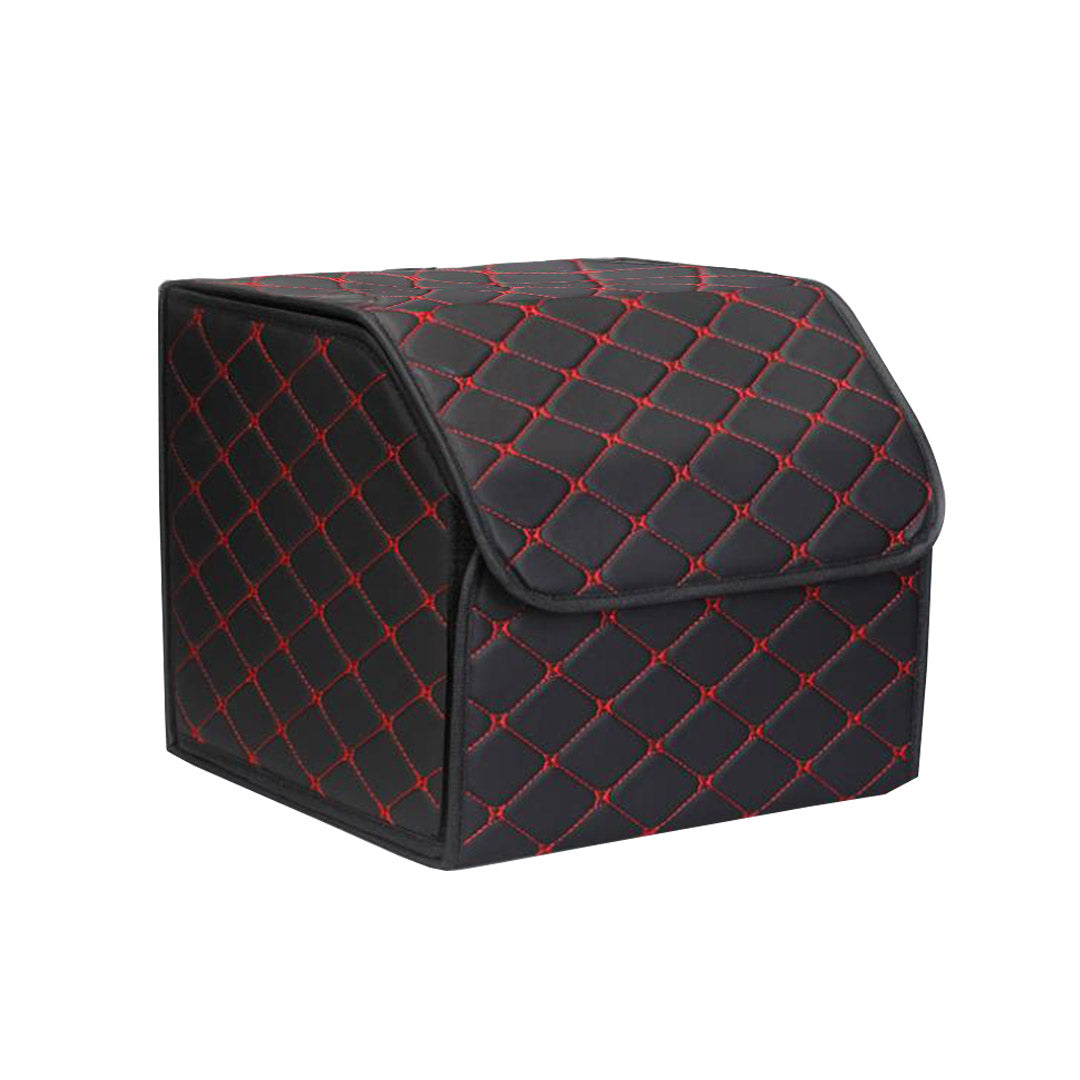 Leather Car Boot Foldable Trunk Cargo Organizer Box Black/Red Stitch Small
