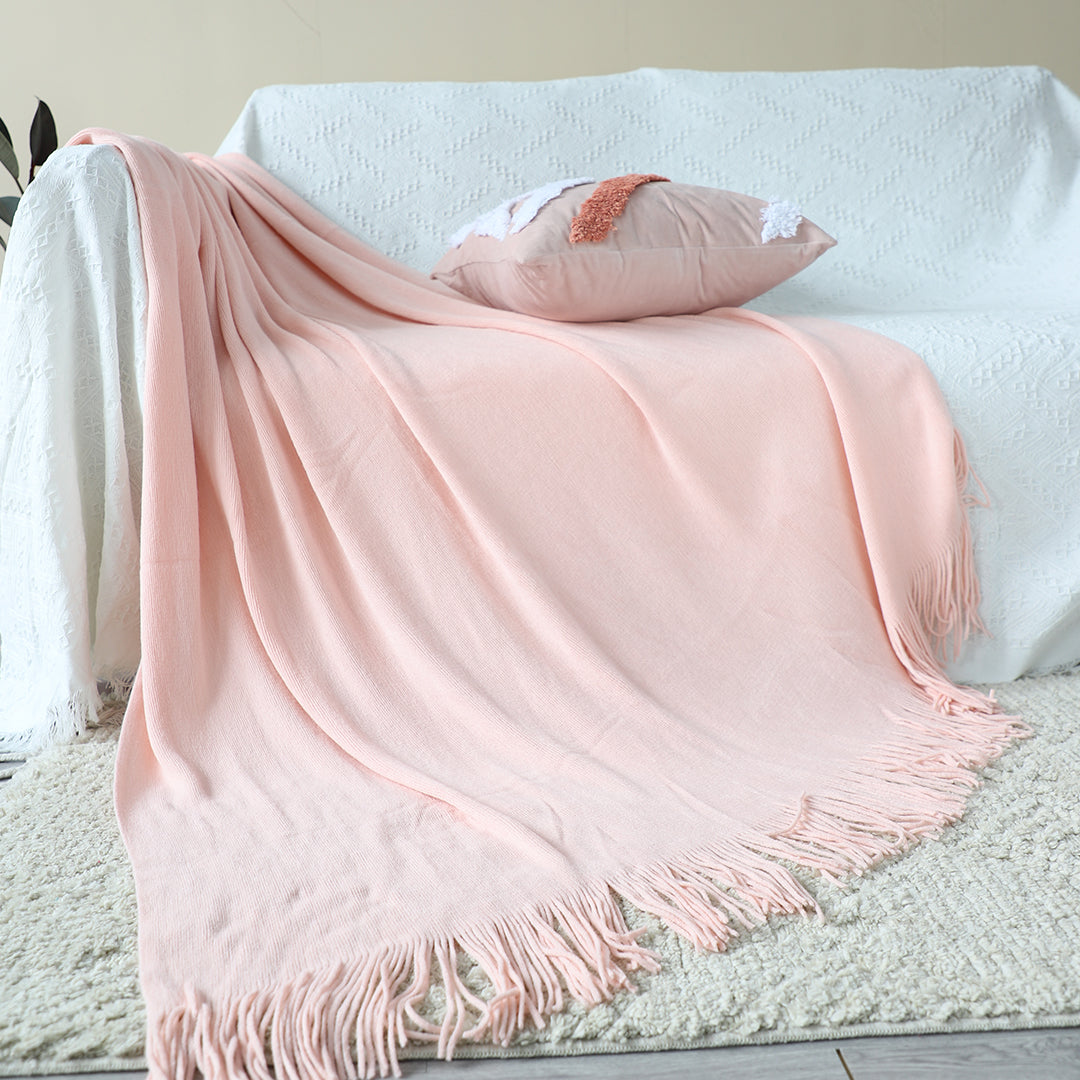 Pink Acrylic Knitted Throw Blanket