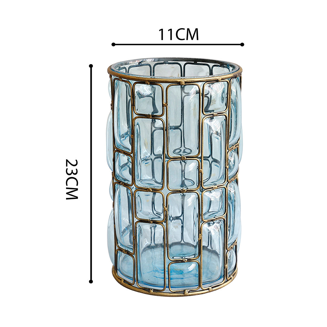 Blue European Glass Flower Vase with Gold Metal Pattern