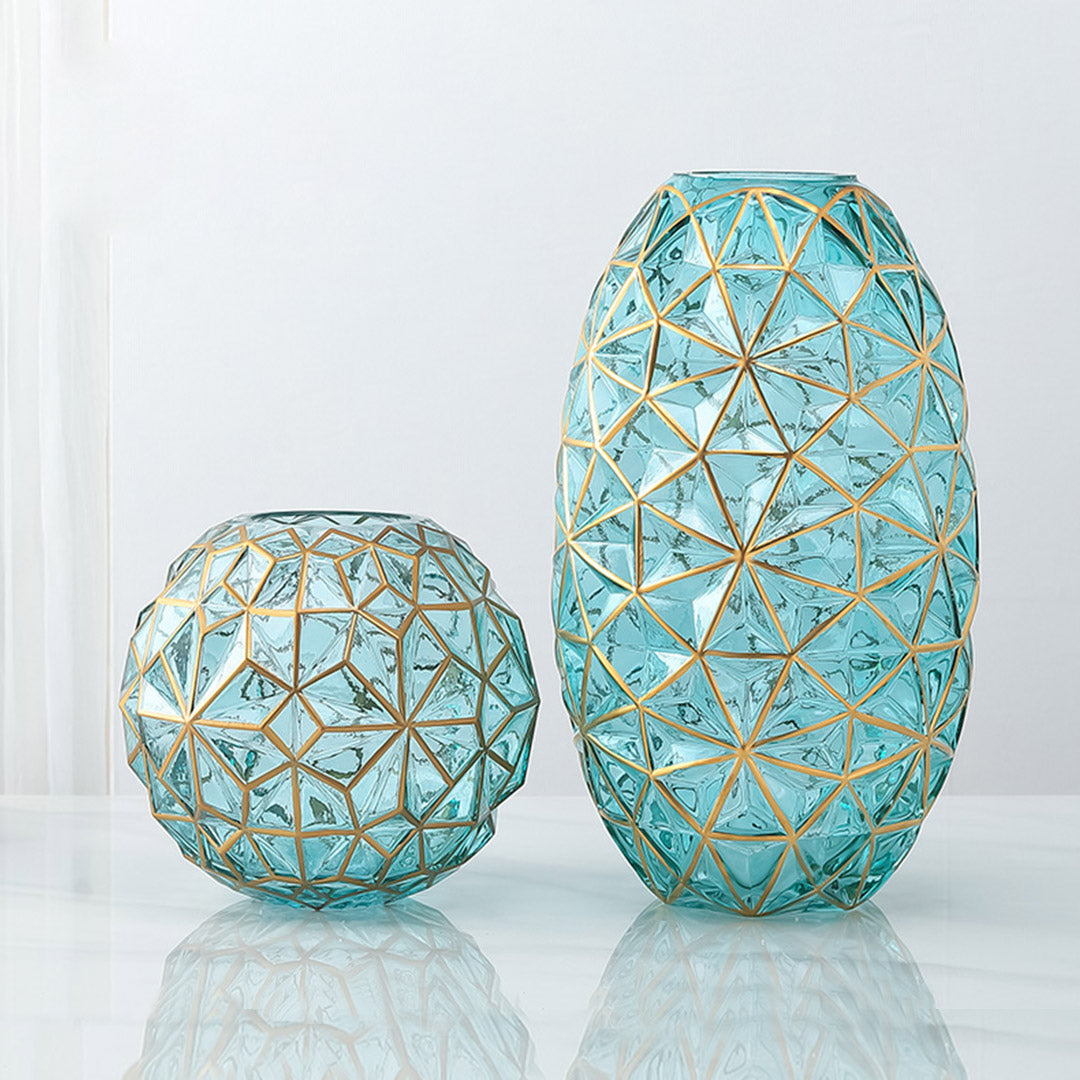 Green Diamond Cut Glass Flower Vase with Gold Accent
