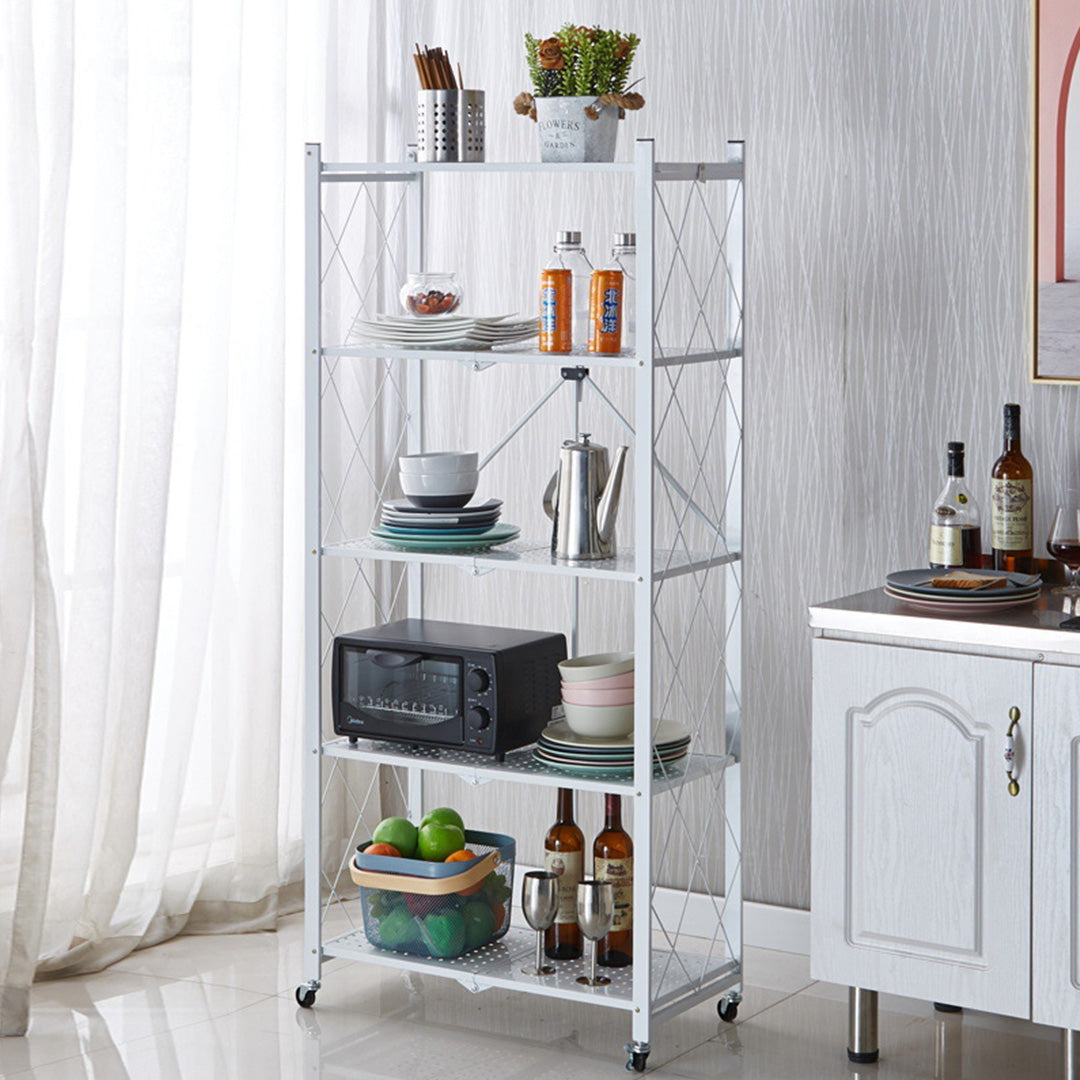 5 Tier Foldable Kitchen Shelves with Wheels  White
