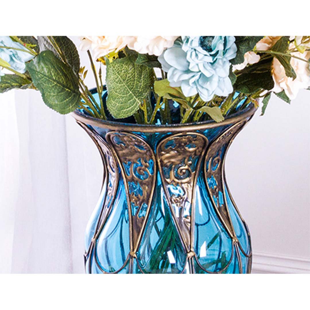 85cm Green Glass Floor Vase with Tall Metal Stand