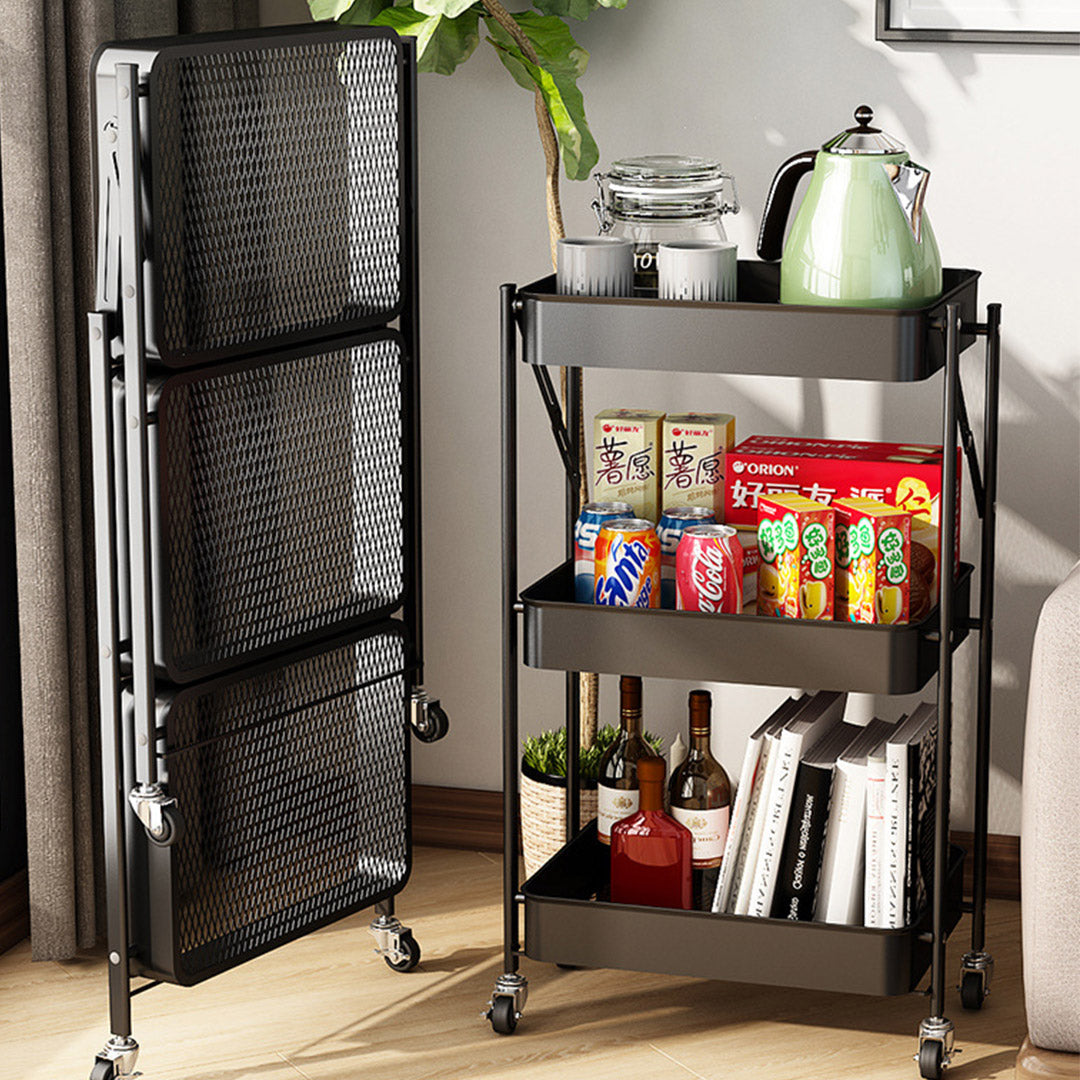 3 Tier Steel Black Foldable Kitchen Cart