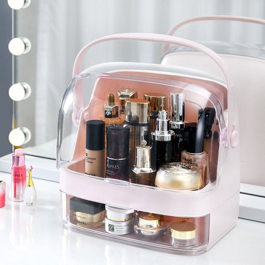 Pink 2 Tier Cosmetic Storage with Brush Lipstick Holder Organiser and LED Light Tabletop Mirror Set