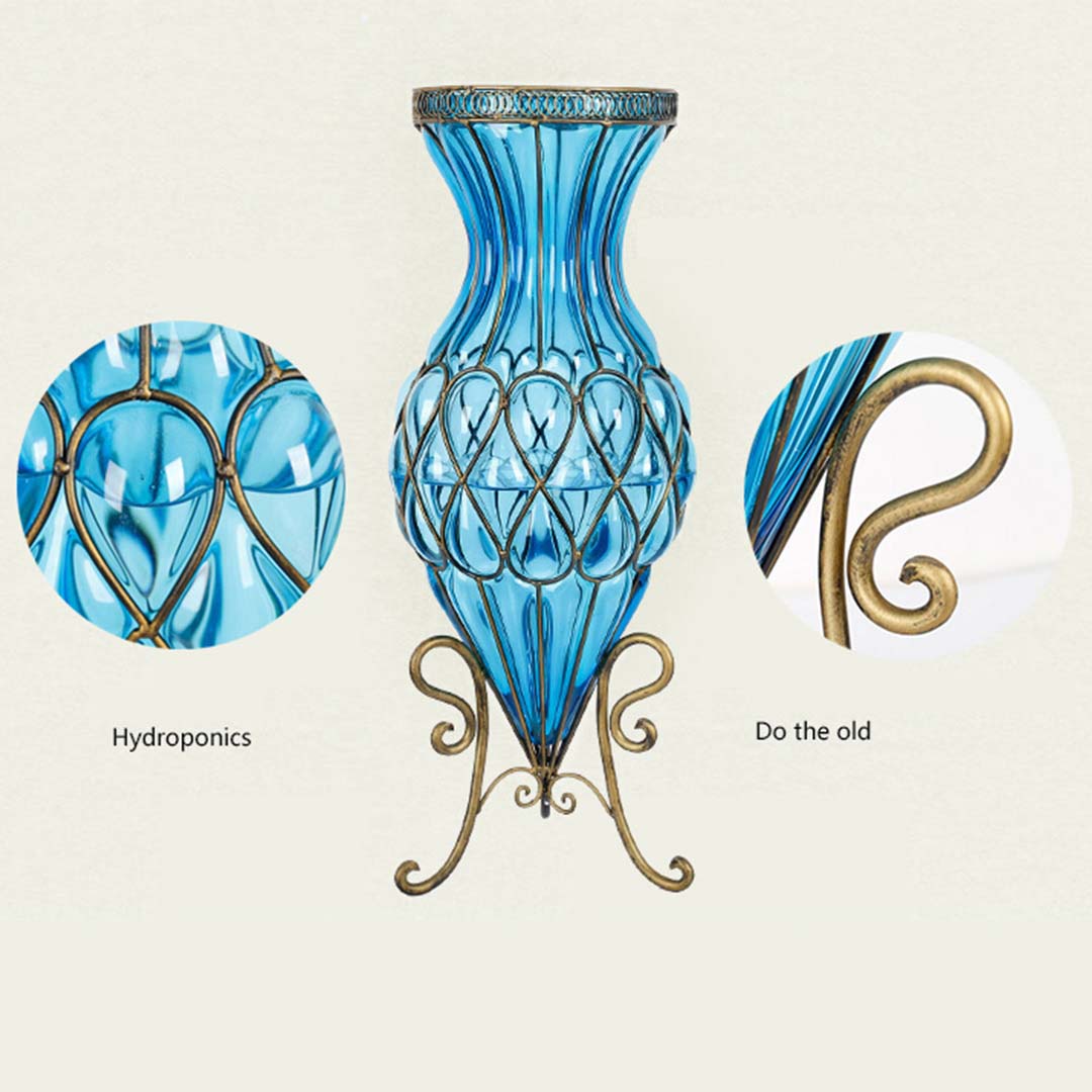 67cm Blue Glass Floor Vase and 12pcs White Artificial Flower Set
