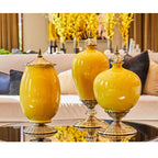 3x Ceramic Vase with Blue Flower Set Yellow