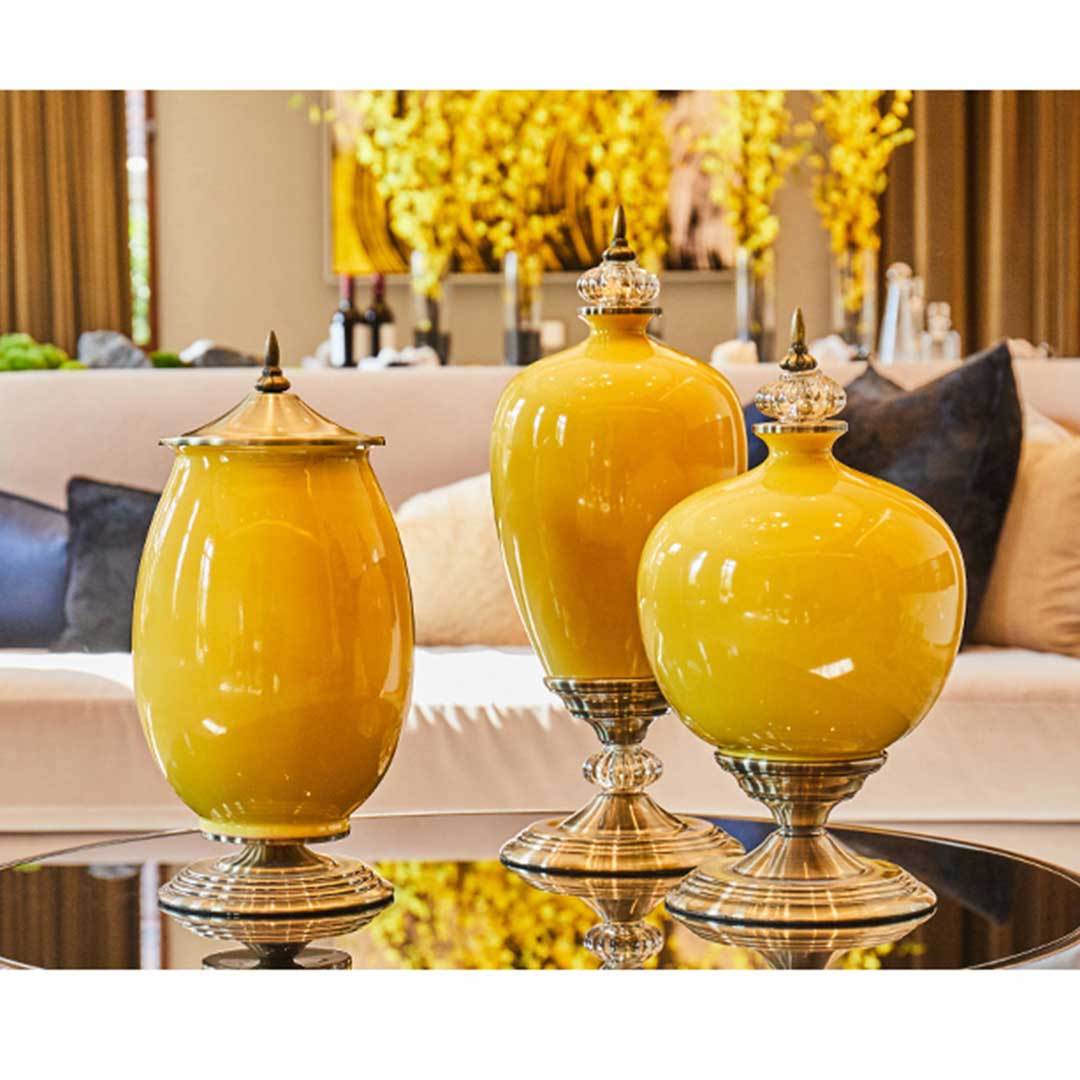 3x Ceramic Vase with Blue Flower Set Yellow