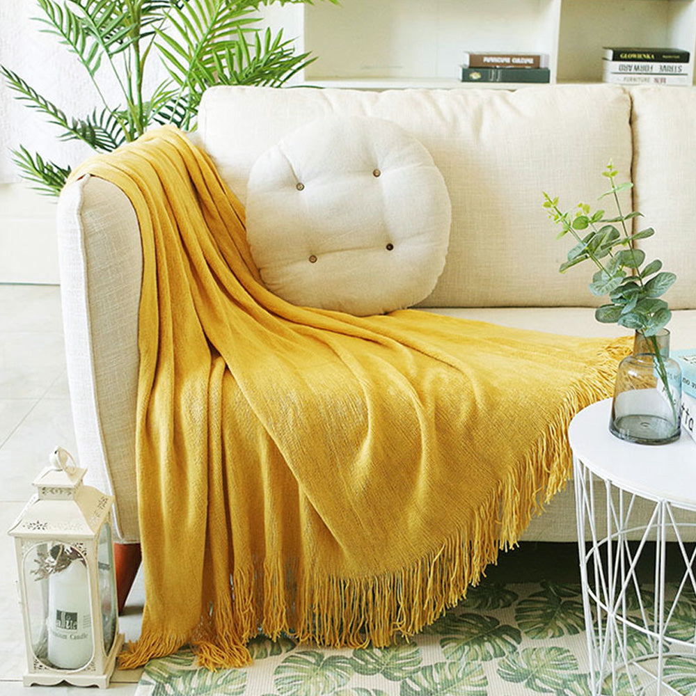 Yellow Acrylic Knitted Throw Blanket
