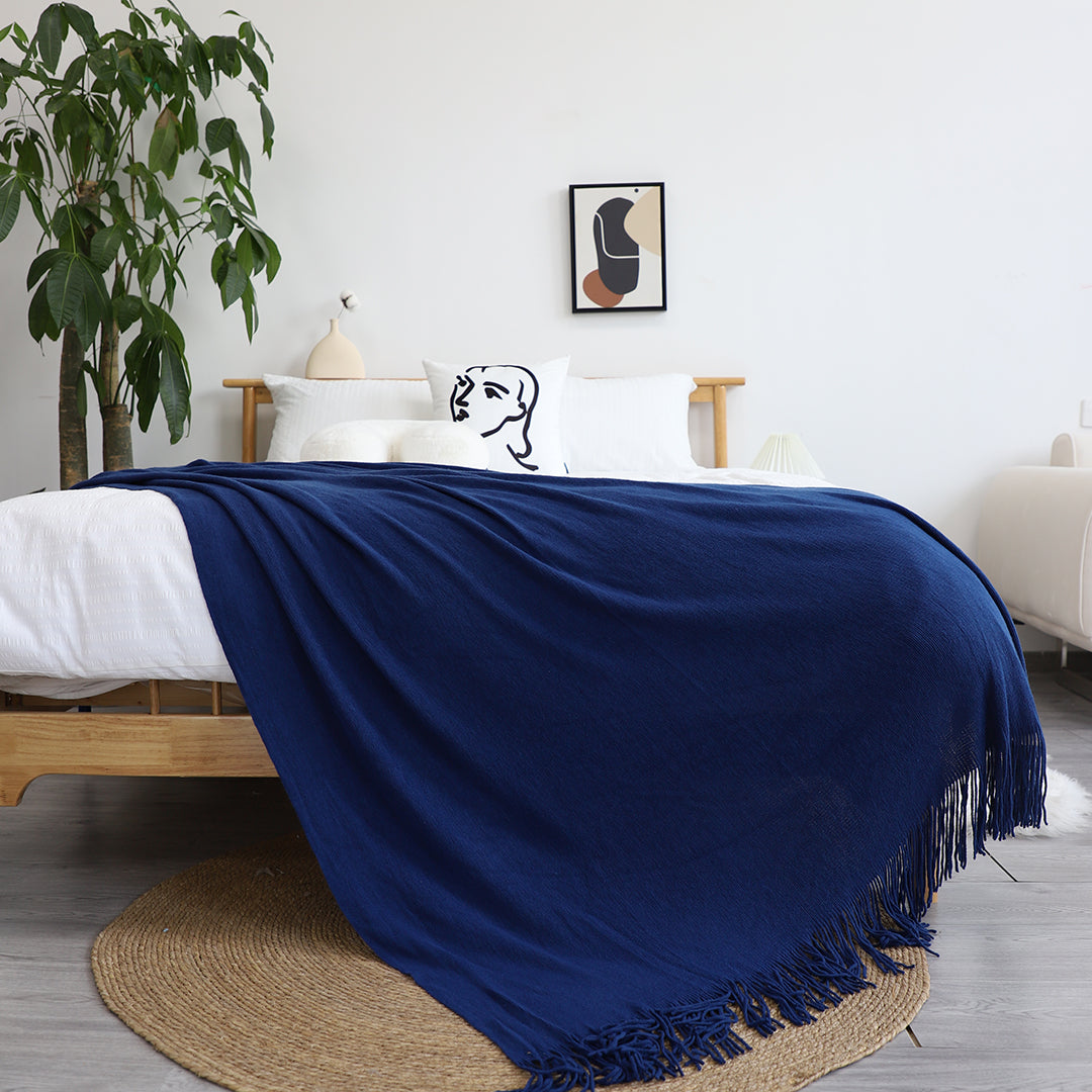 Royal Blue Acrylic Knitted Throw Blanket
