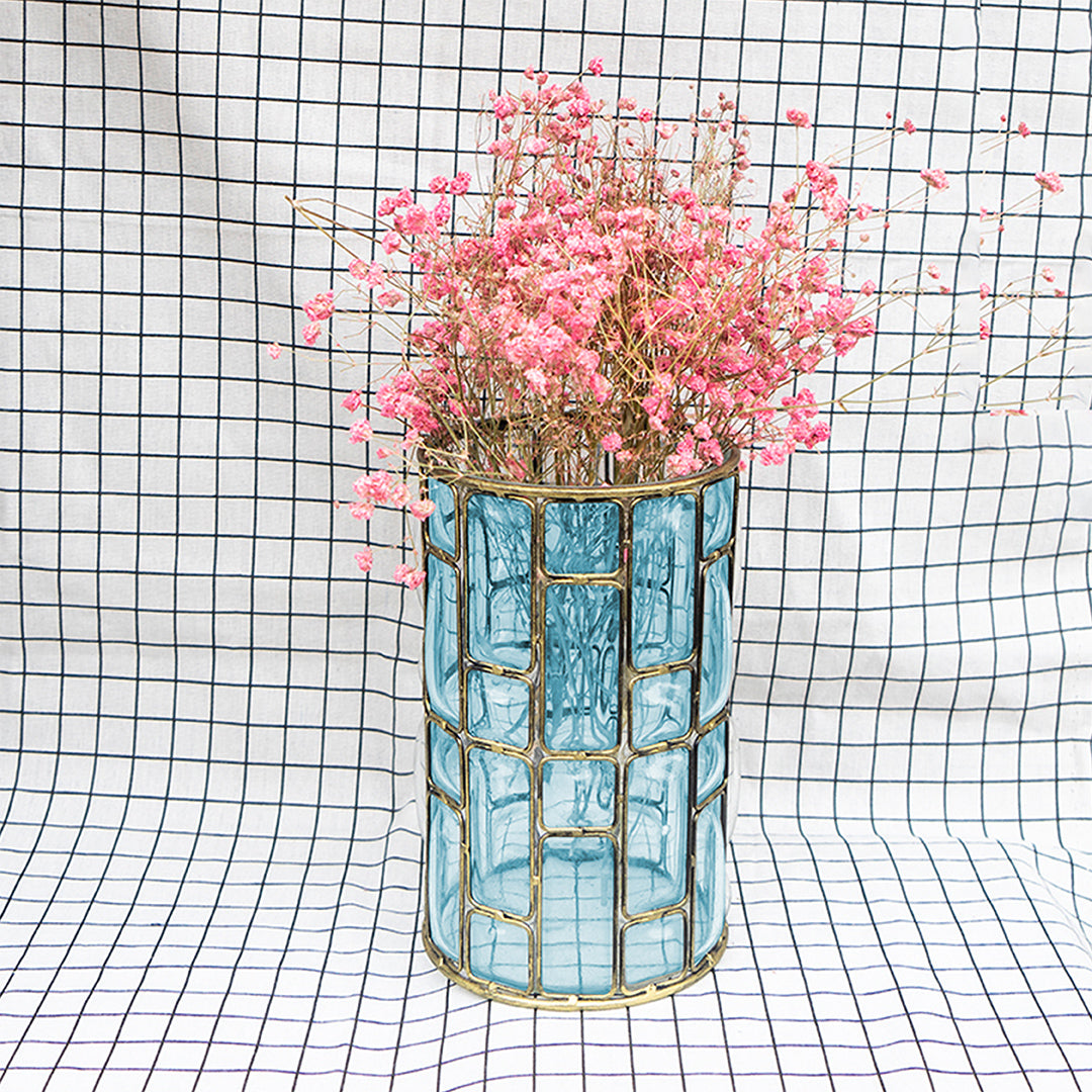 Blue European Glass Flower Vase with Gold Metal Pattern