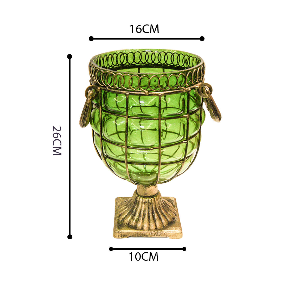Green European GlassFlower Vase with Metal Handle