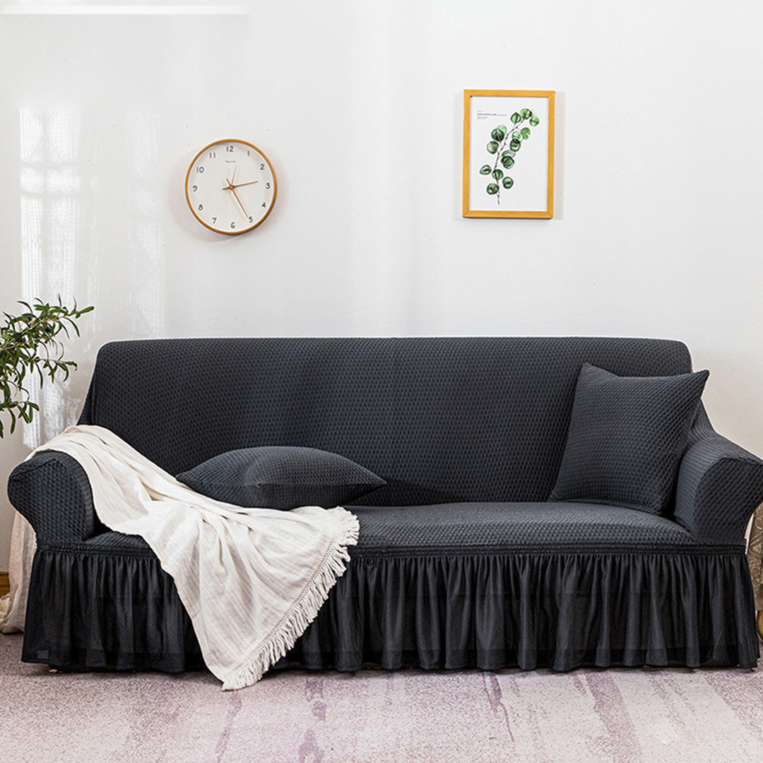 Dark Grey Colored 3- Seater Sofa Cover with Ruffled Skirt