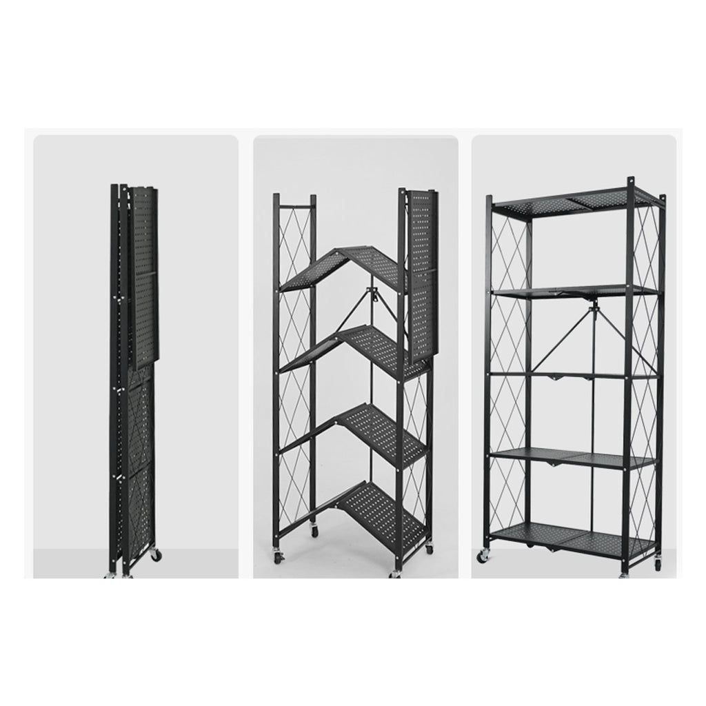 5 Tier Foldable Kitchen Shelves with Wheels Black