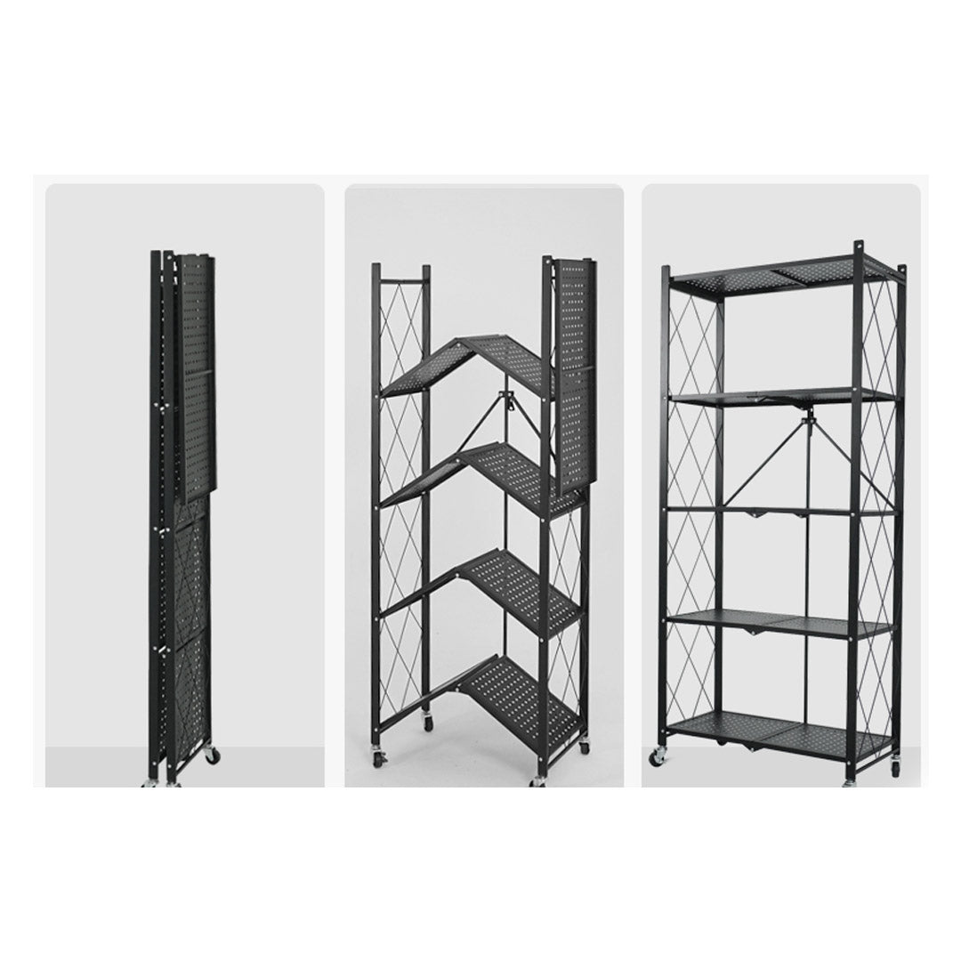 5 Tier Foldable Kitchen Shelves with Wheels Black