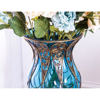 85cm Green Glass Floor Vase and 12pcs Blue Artificial Flower Set