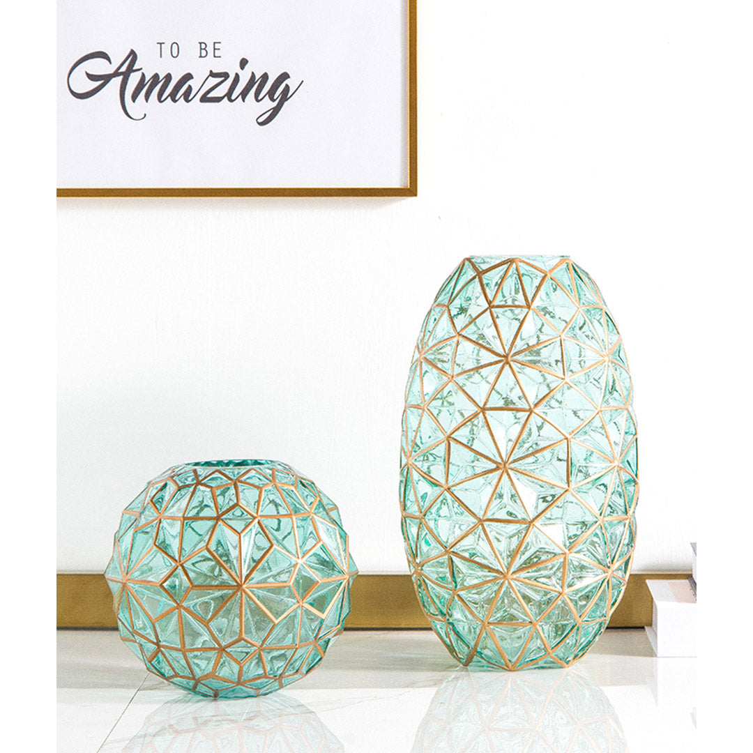 Green Diamond Cut Glass Flower Vase with Gold Accent