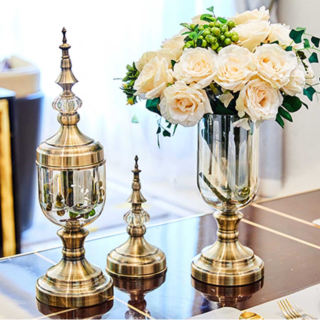 2x Clear Gold Glass Vase with Lid and Pink Flower Set