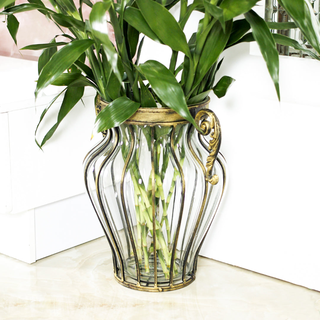Clear European Glass Flower Vase with Two Metal Handle