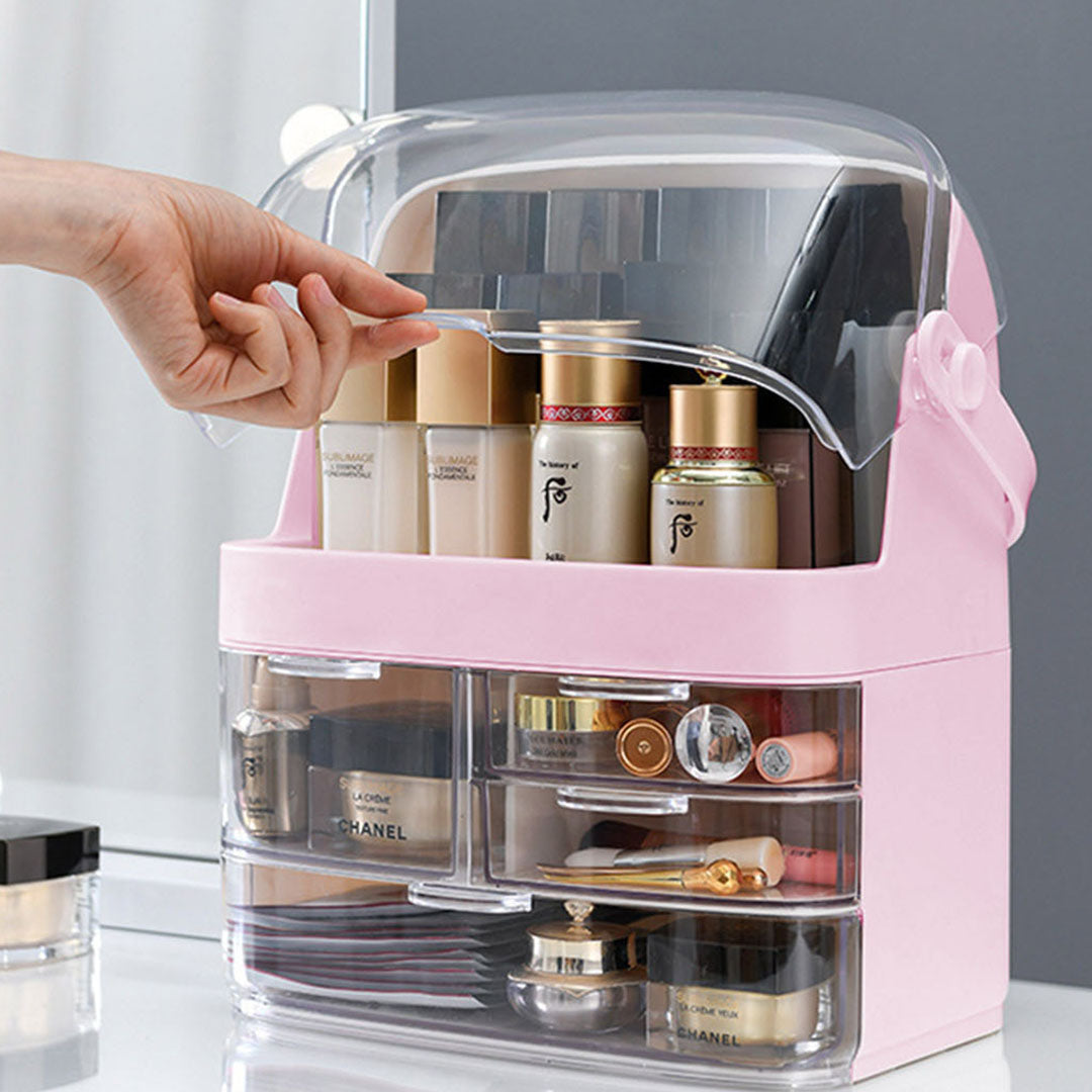 Pink 3 Tier Cosmetic Storage with Brush Lipstick Holder Organiser and LED Light Tabletop Mirror Set