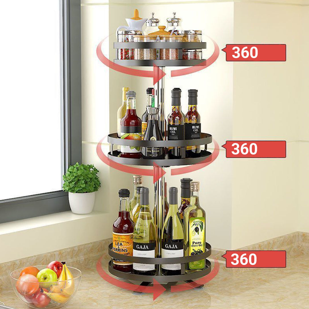 3 Tier Black Round Multi-Function Kitchen Seasoning Organiser Shelf