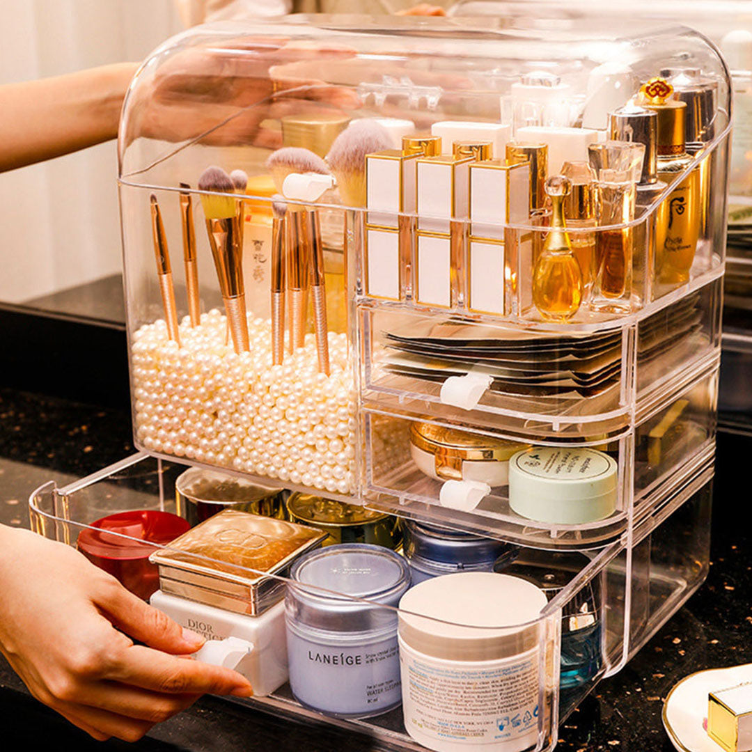 Transparent Cosmetic Storage Skincare Organiser with Pearls and White LED Light Tabletop Mirror Set