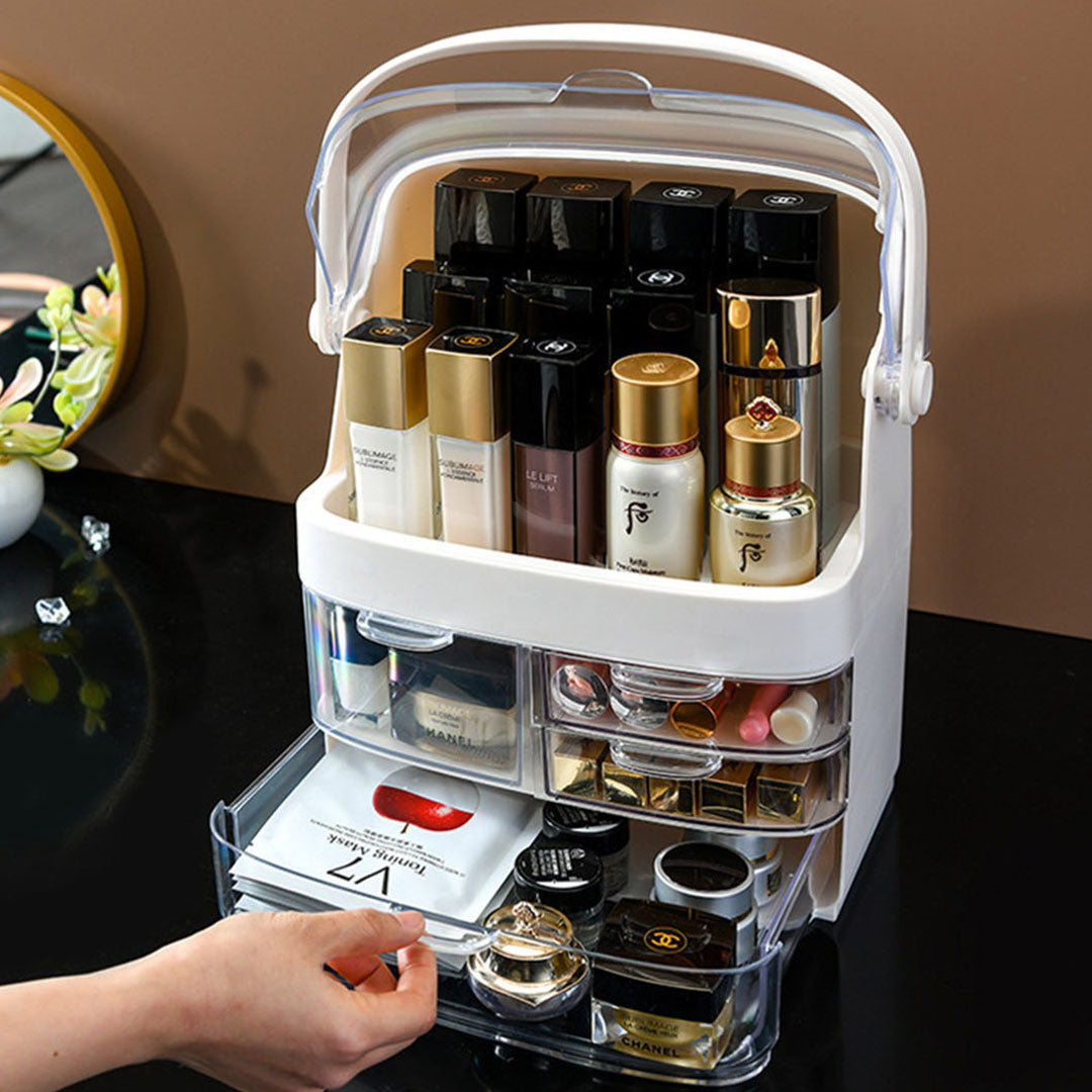 White 3 Tier Cosmetic Storage with Brush Lipstick Holder Organiser and LED Light Tabletop Mirror Set