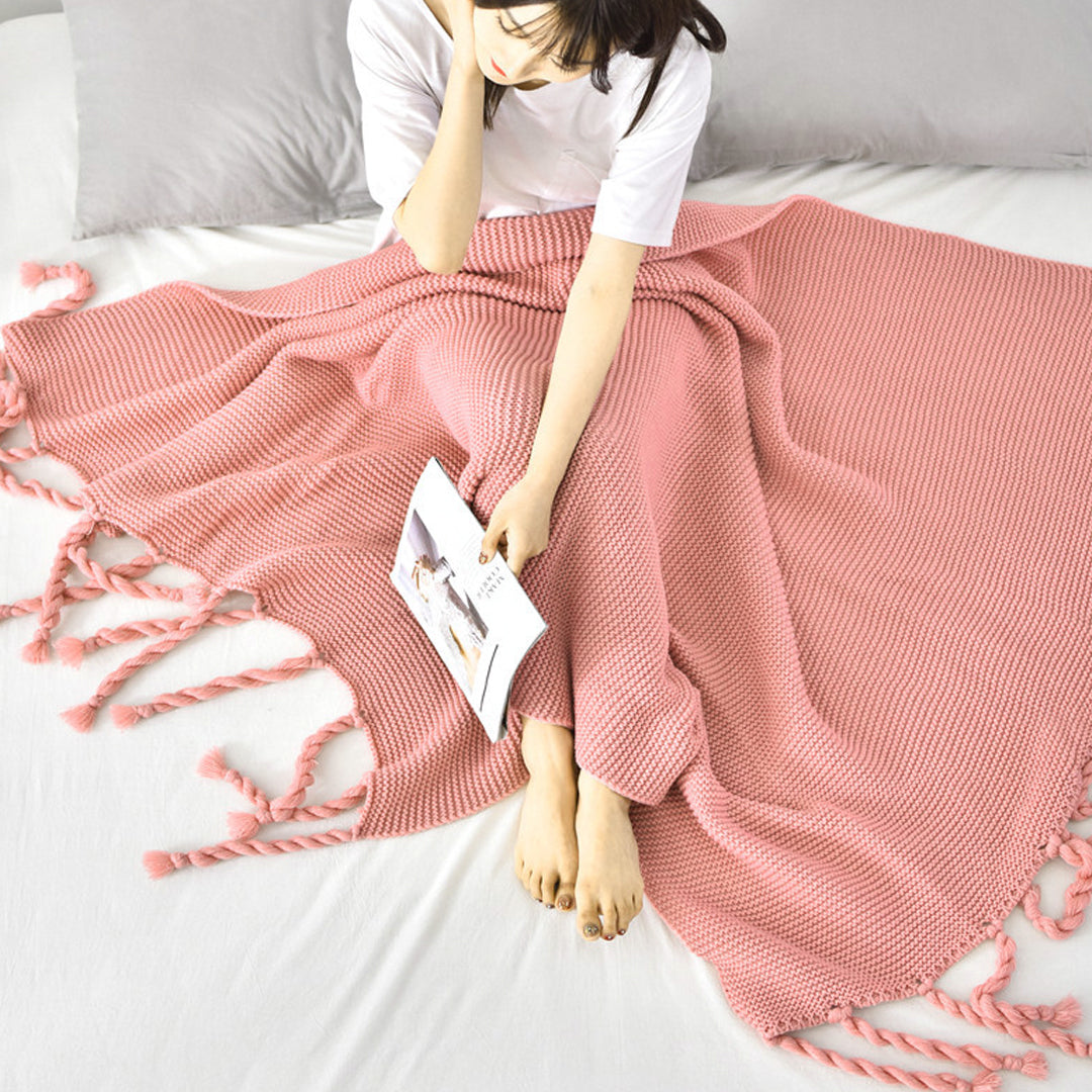 Pink Tassel Fringe Knitted Throw Blanket