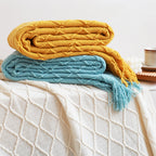 Yellow Diamond Pattern Knitted Throw Blanket