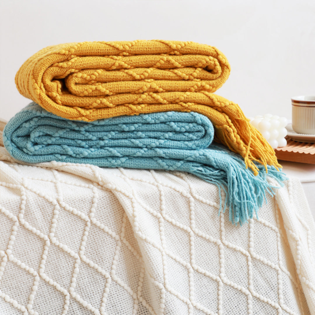 Yellow Diamond Pattern Knitted Throw Blanket