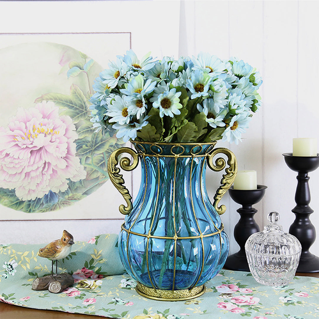 Blue European Glass Flower Vase with Two Metal Handle