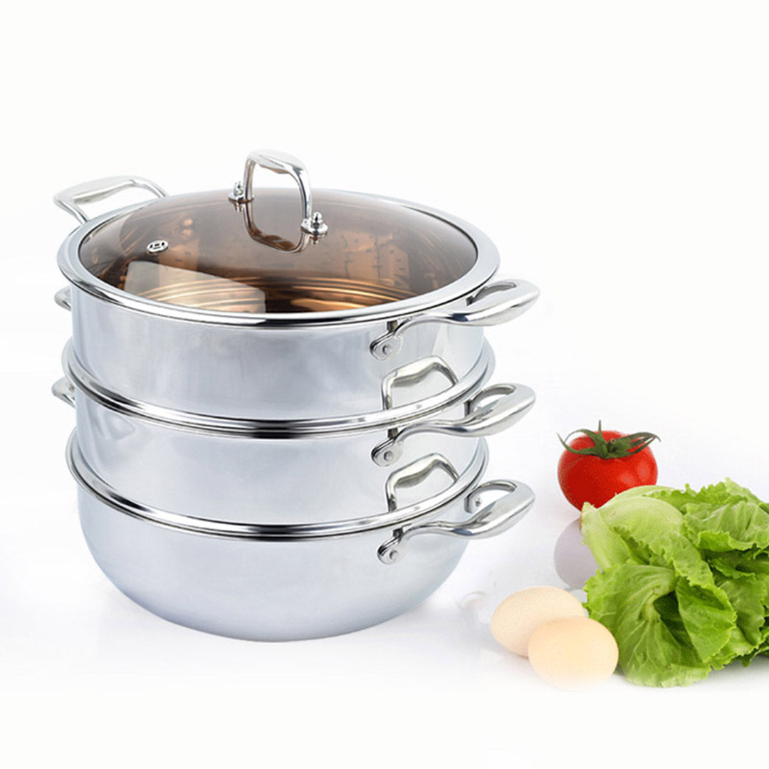 3 Tier 26cm Stainless Steel Food Steamer with Glass Lid