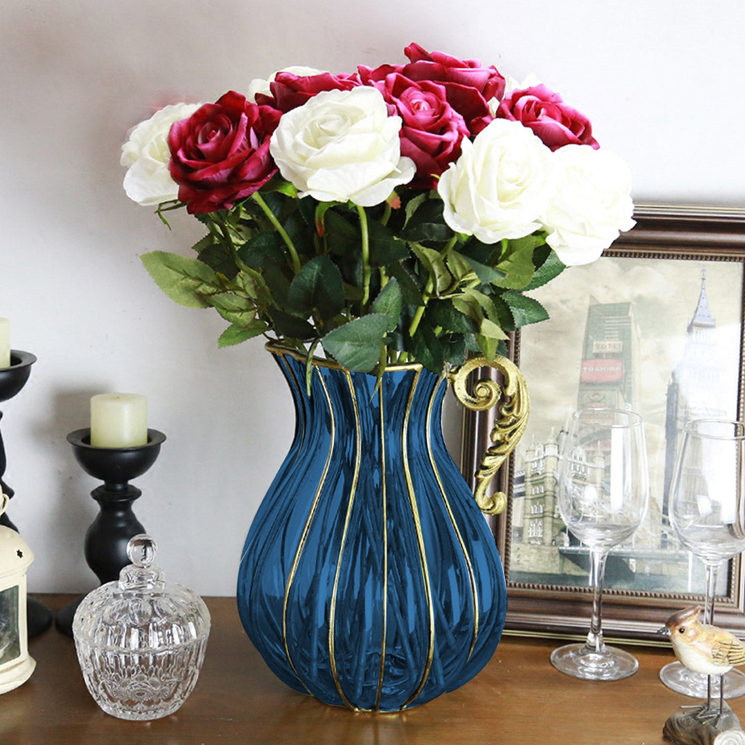 Blue European Glass Flower Vase with Metal Handle