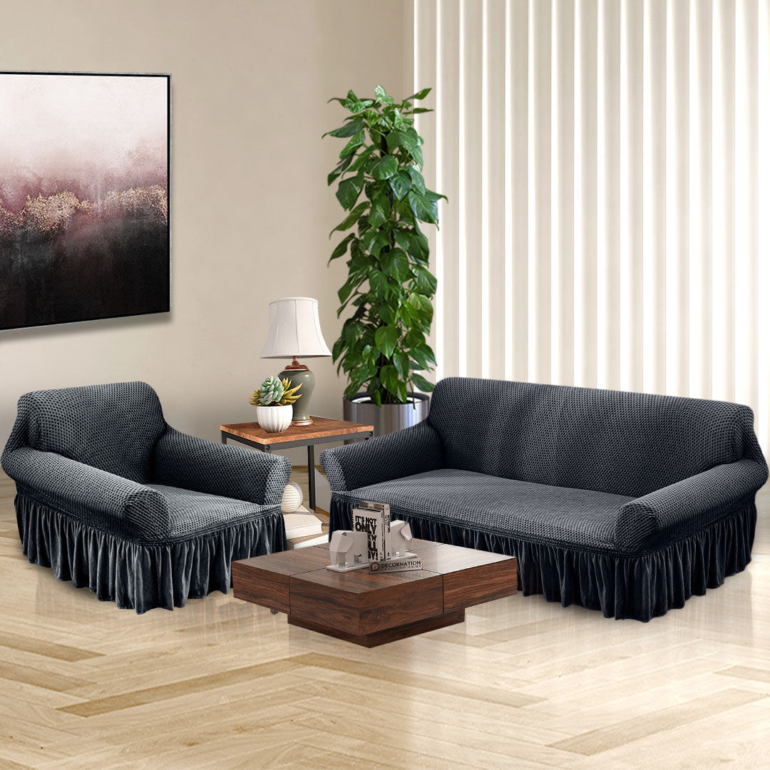 Dark Grey Colored 1- Seater Sofa Cover with Ruffled Skirt