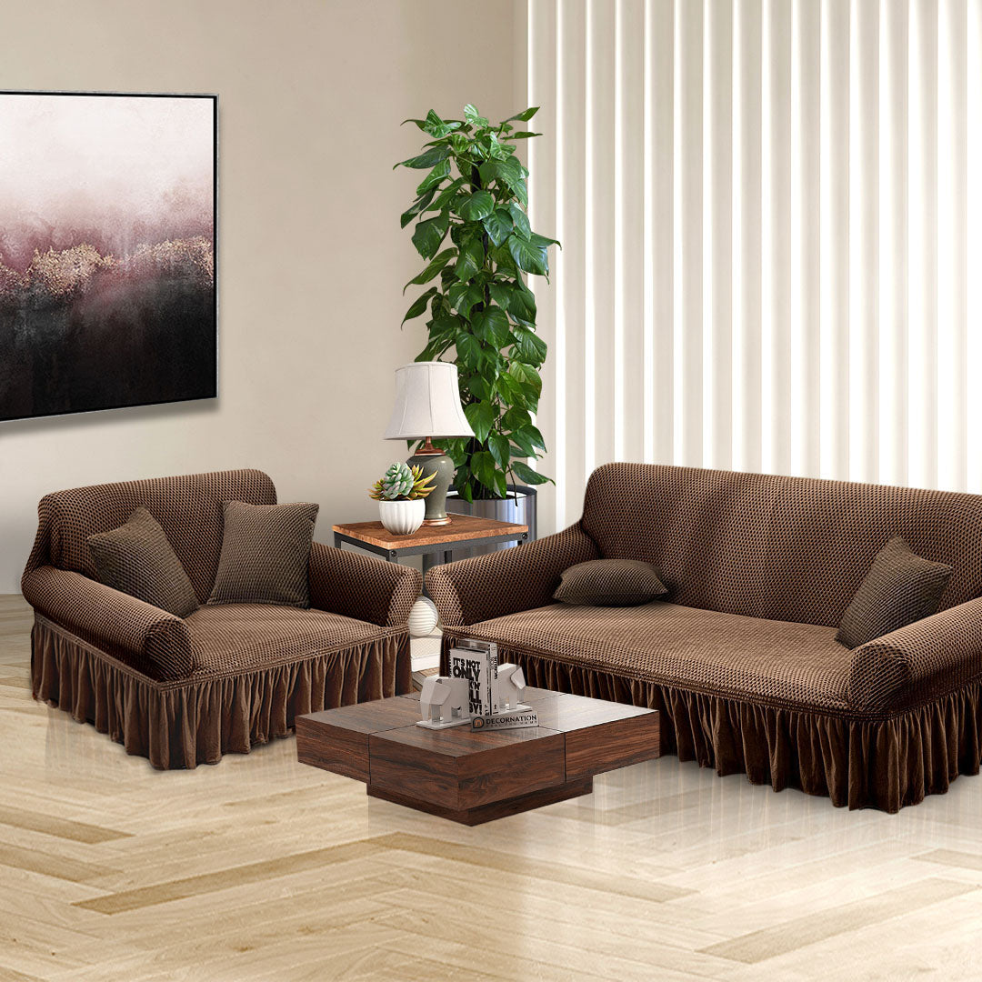 Coffee Colored 2- Seater Sofa Cover with Ruffled Skirt
