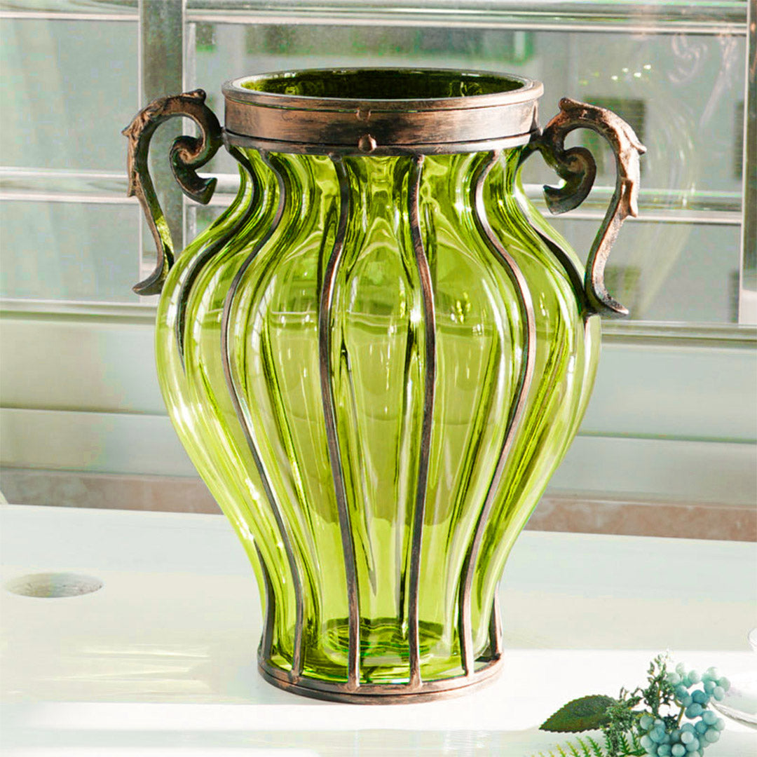 Green Glass Flower Vase with 4 Bunch 9 Heads Artificial Silk Rose Set