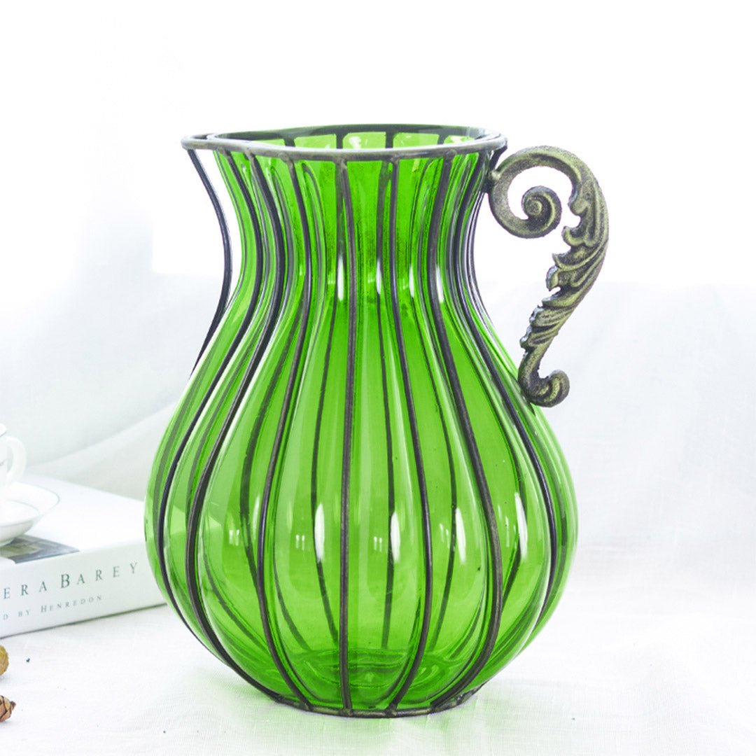 Green Glass Flower Vase with 4 Bunch 9 Heads Artificial Silk Rose Set