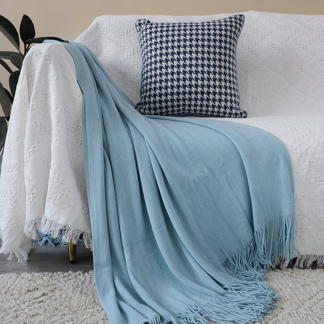 Sky Blue Acrylic Knitted Throw Blanket