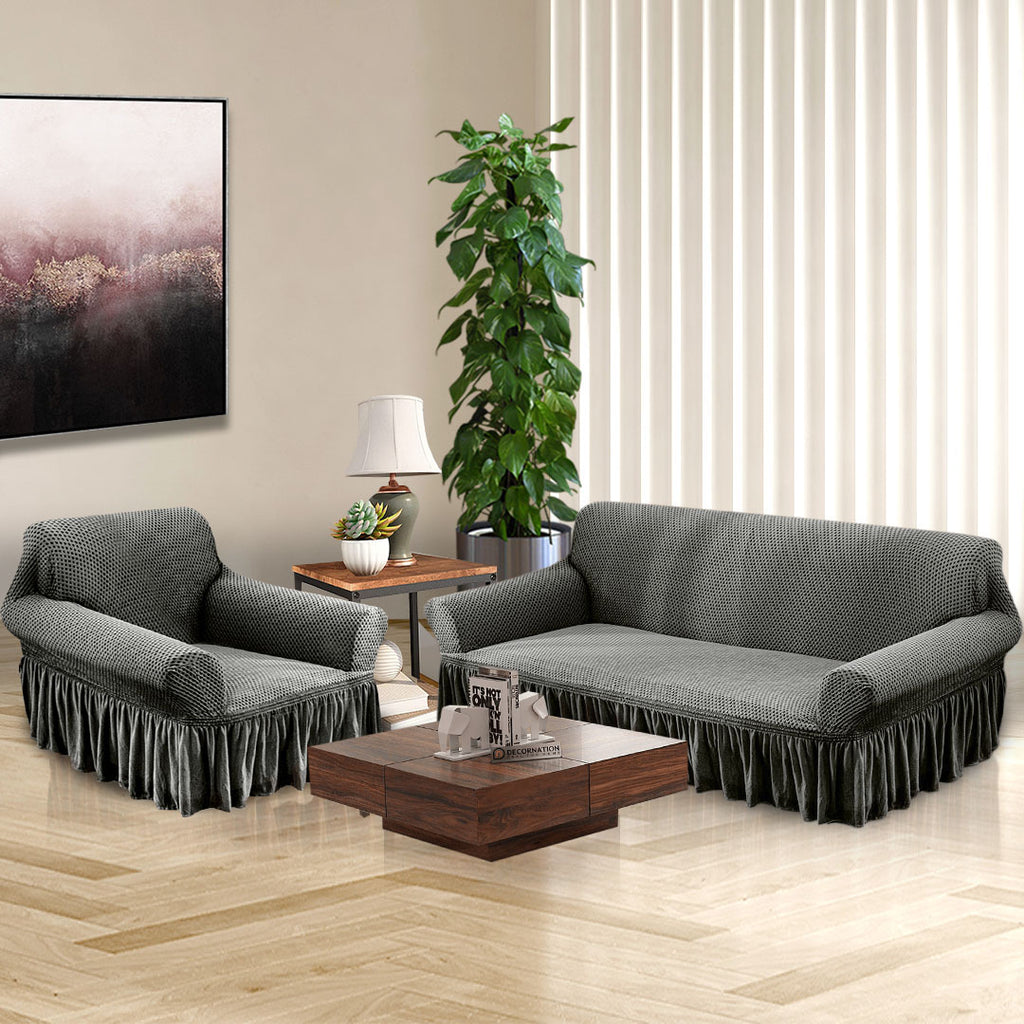 Grey Colored 1- Seater Sofa Cover with Ruffled Skirt
