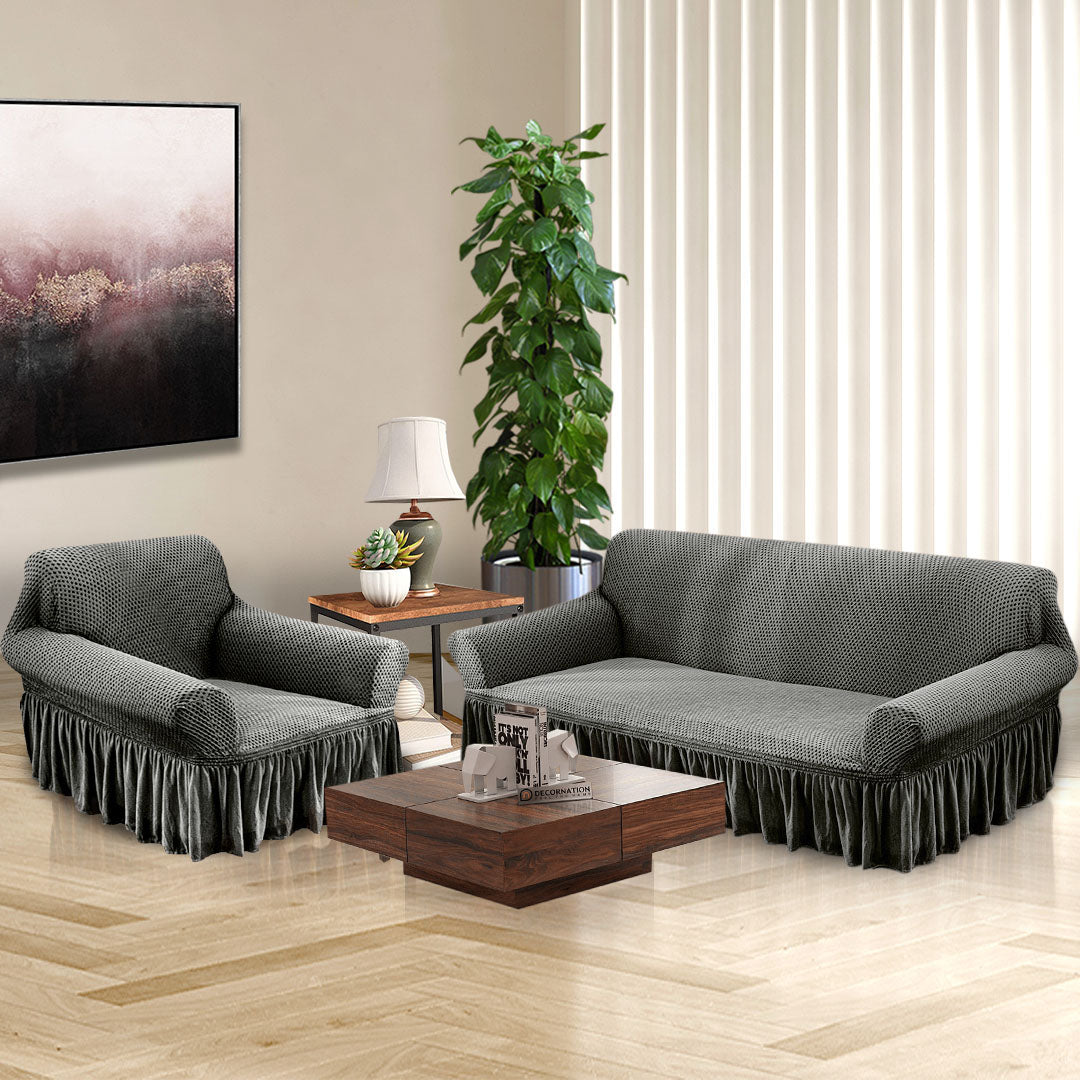 Grey Colored 1- Seater Sofa Cover with Ruffled Skirt